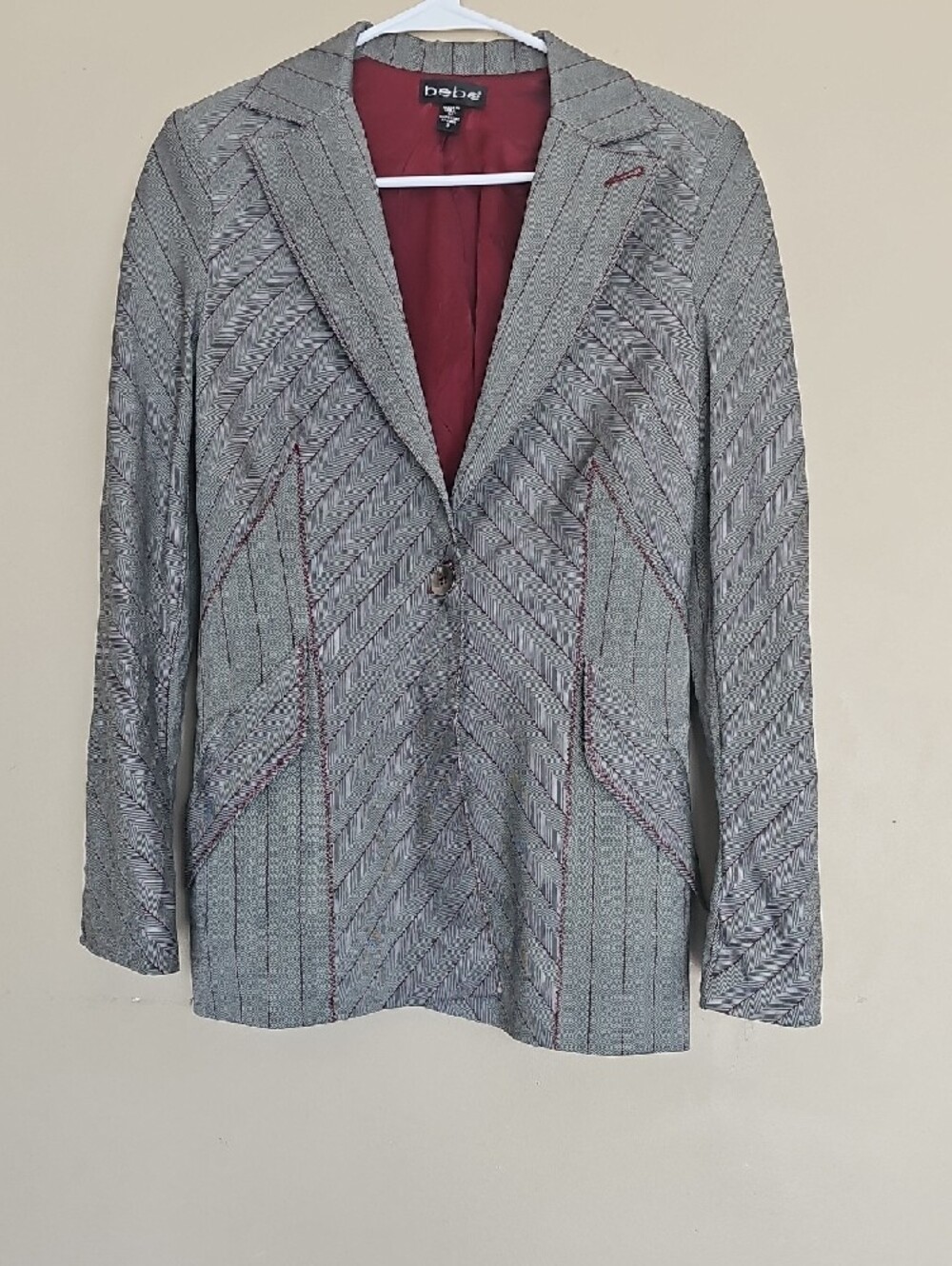 bebe Gray Pinstripe Two-Piece Suit with Burgundy Lining - Picture 5 of 13